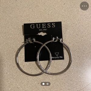 Guess Silvertone Crystal Glass Stone Front Hoop Earrings